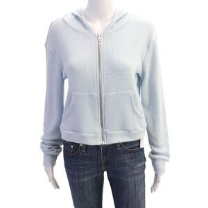 Jac Parker Womens Long Sleeve Front Zip Waffle Knit Hoodie Sweater Blue Small